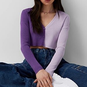 Purple and lilac two-tone ribbed cropped V-neck soft cardigan NWT